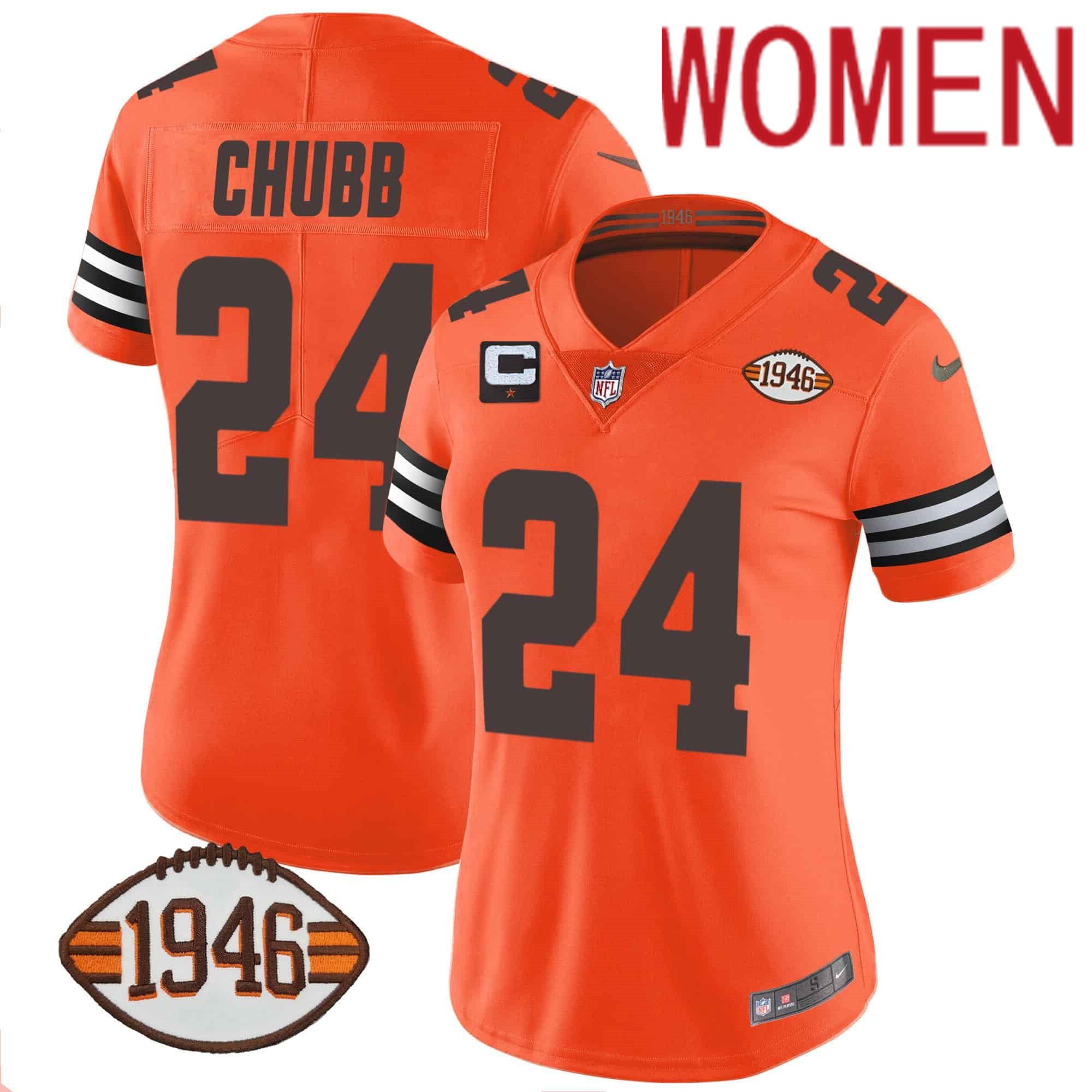 Women Cleveland Browns #24 Chubb Orange 1946 75th Anniversary Patch 2024 Nike NFL Jersey->women nfl jersey->Women Jersey